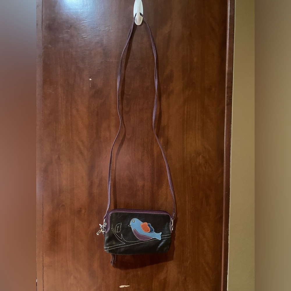 Relic Black Crossbody Bag with Blue and Orange Bird Appliqué
